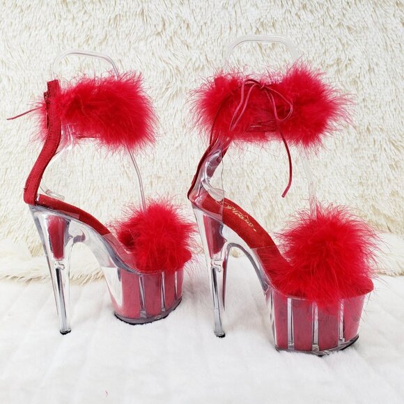 Red Furry Marabou Feather 7" High Heel Platform Shoe - Picture 9 of 15